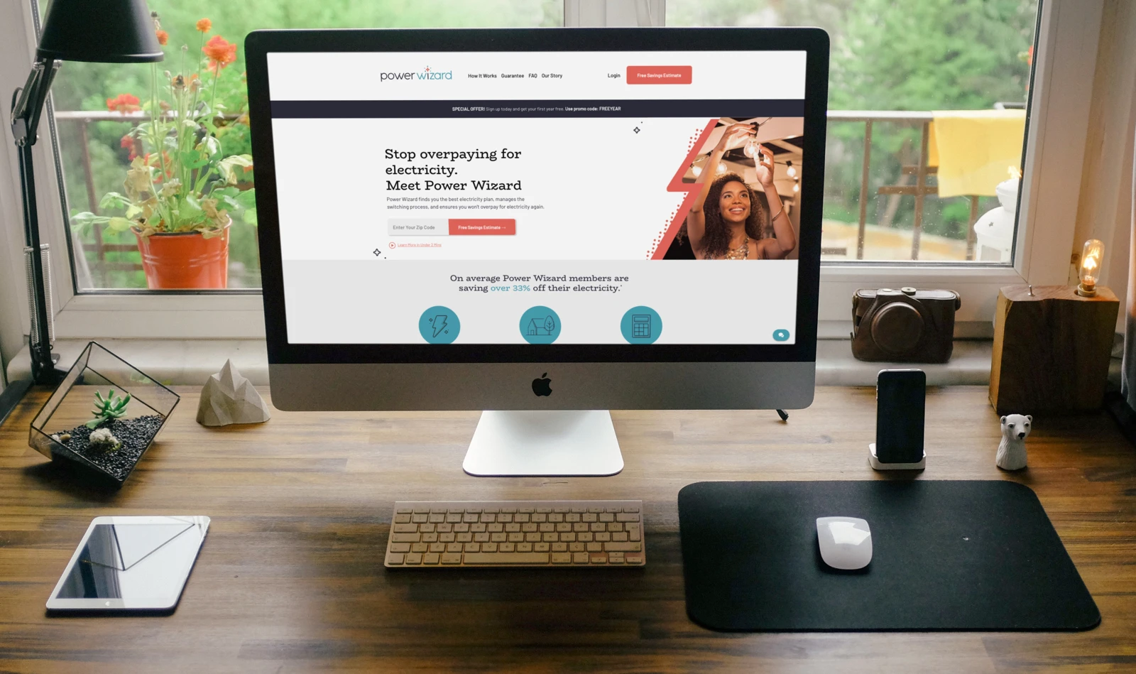Power Wizard’s website displayed on a desktop monitor.