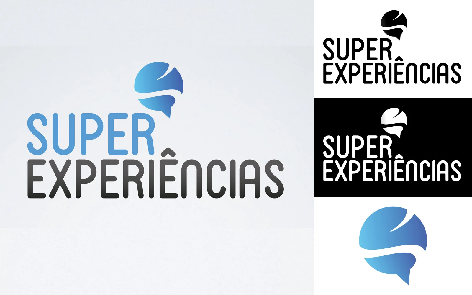 Super Experiências wordmark and helmet symbol in blue, black, and white variations.